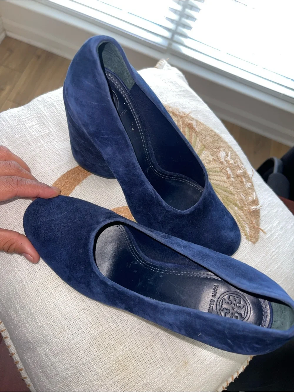 Tory Burch Navy Suede Block Heel Pumps